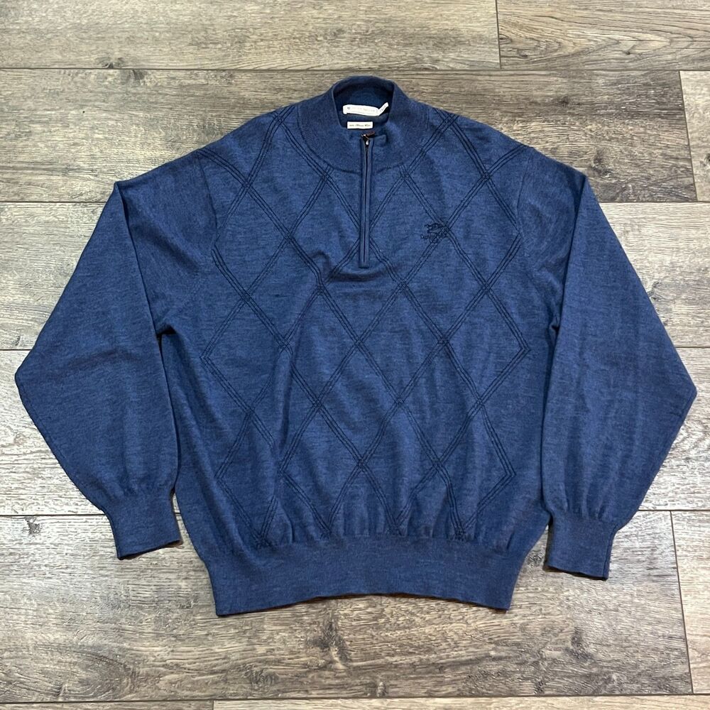 Peter Millar Blue Argyle 100% Merino Wool 1/4 Zip Golf Sweater - Men's Size XL